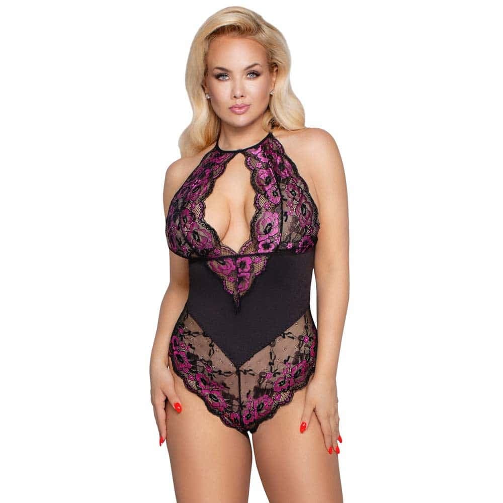 Cottelli Curves Jasmine Bodystocking Sort og Pink - XXXXL - Private Play