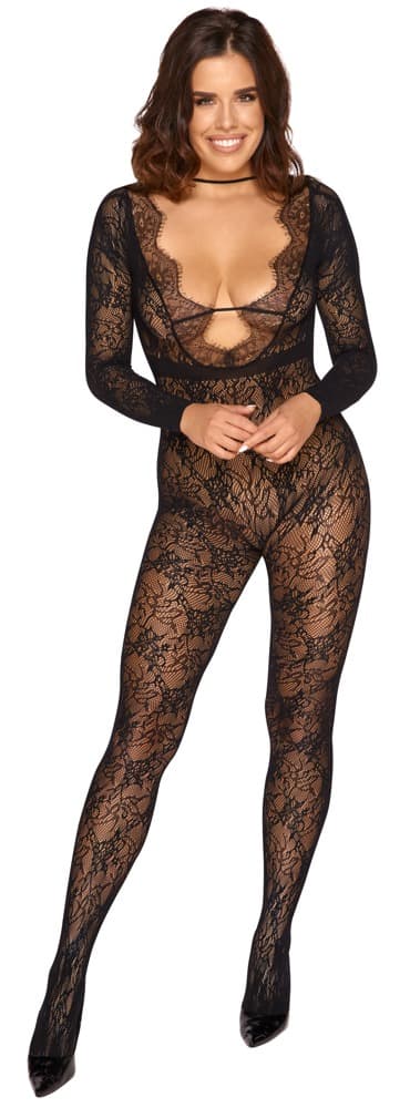 Catsuit ouvert i blondelook og dekoreret med øjenvippeblonder - ORION Erotik Shop