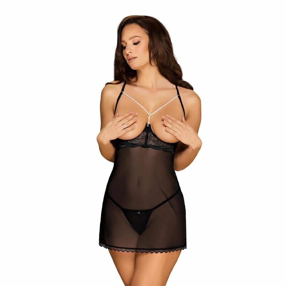 Obsessive Pearlove Chemise og G-Streng Sort - S/M - Private Play
