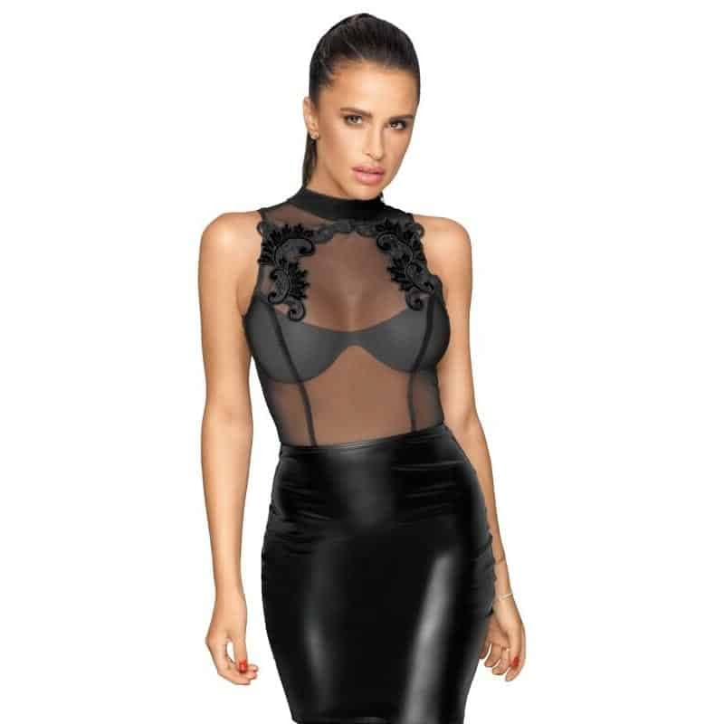 Noir Handmade Ivette Wetlook og Nylon Pencil Kjole Sort - XL - Private Play