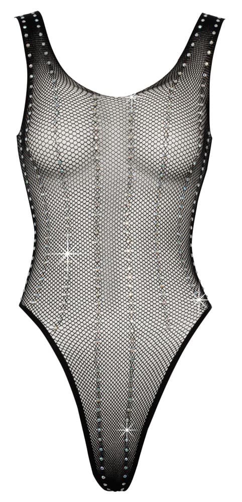 Body i blød mesh med rhinestone-besætning i langsgående stribe-look - ORION Erotik Shop