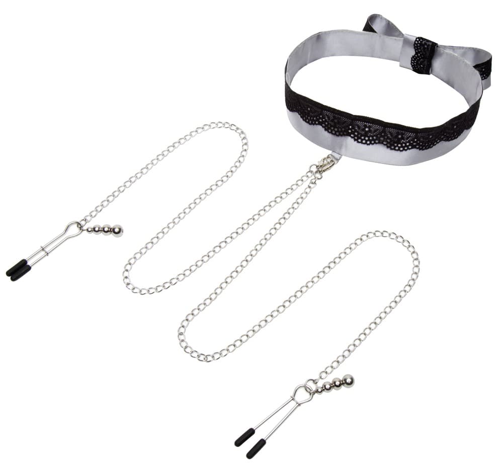 Halsbånd med brystvorteklemmer Halsband mit Nippelklemmen "žPlay Nice Satin Collar & Nipple Clamps" - ORION Erotik Shop